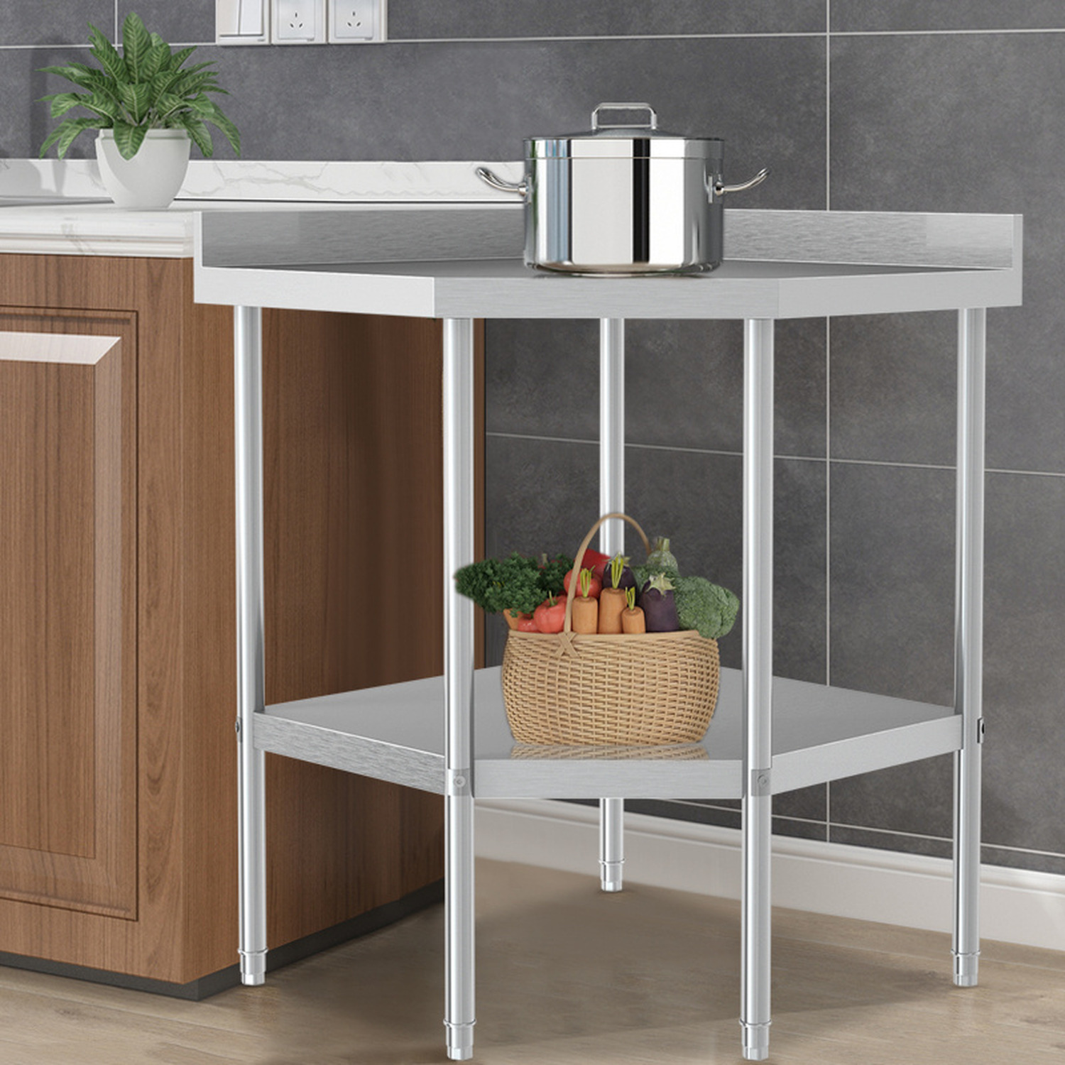 Kitchen Corner Unit Work Table with Backsplash - Silver