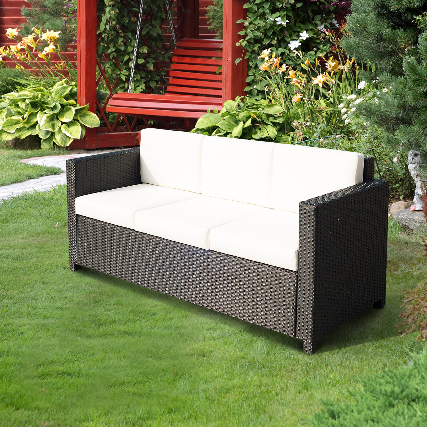 Outsunny 3 Seater Rattan All Weather Sofa with Fire Resistant Cushion
