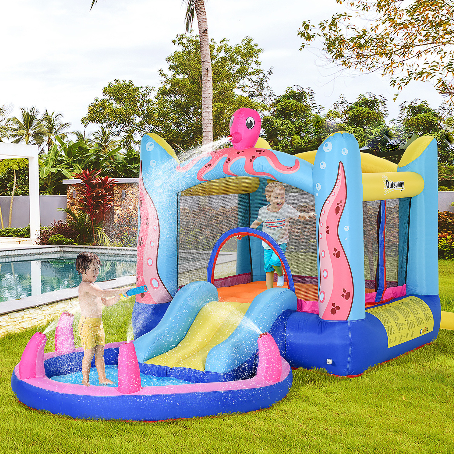 Outsunny Kids 3 in 1 Octopus Design Bounce Castle House - Blue