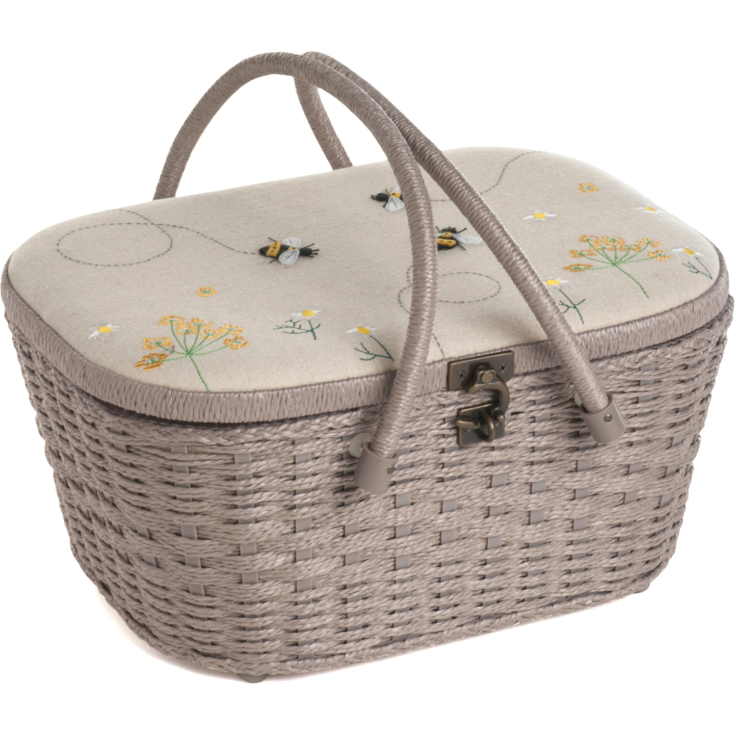 Sewing Box Wicker Basket Applique Linen Bee - Yellow 3 Sewing Box Wicker Basket Applique Linen Bee - Yellow