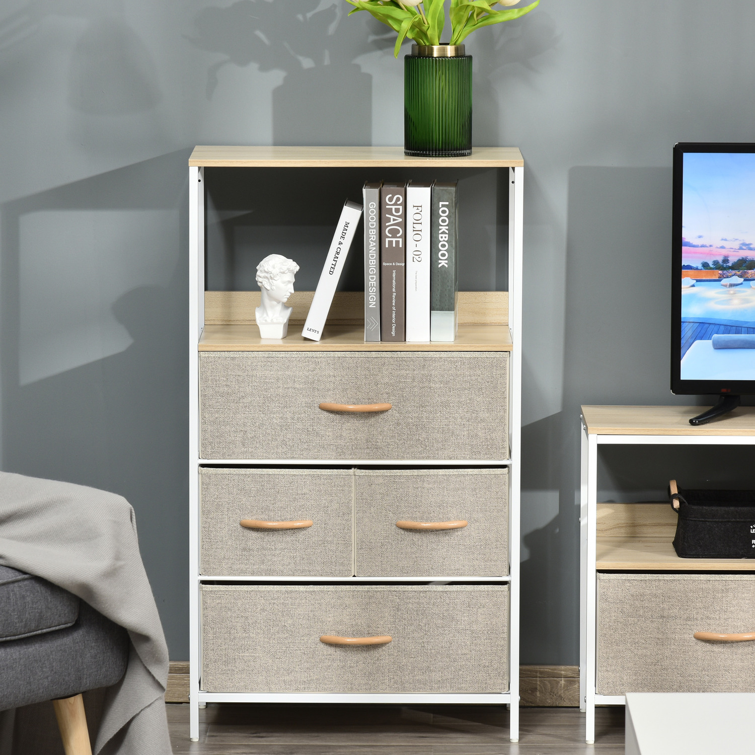 HOMCOM 4 Drawer Storage Chest Unit Home with Shelves Home Living Room Bedroom