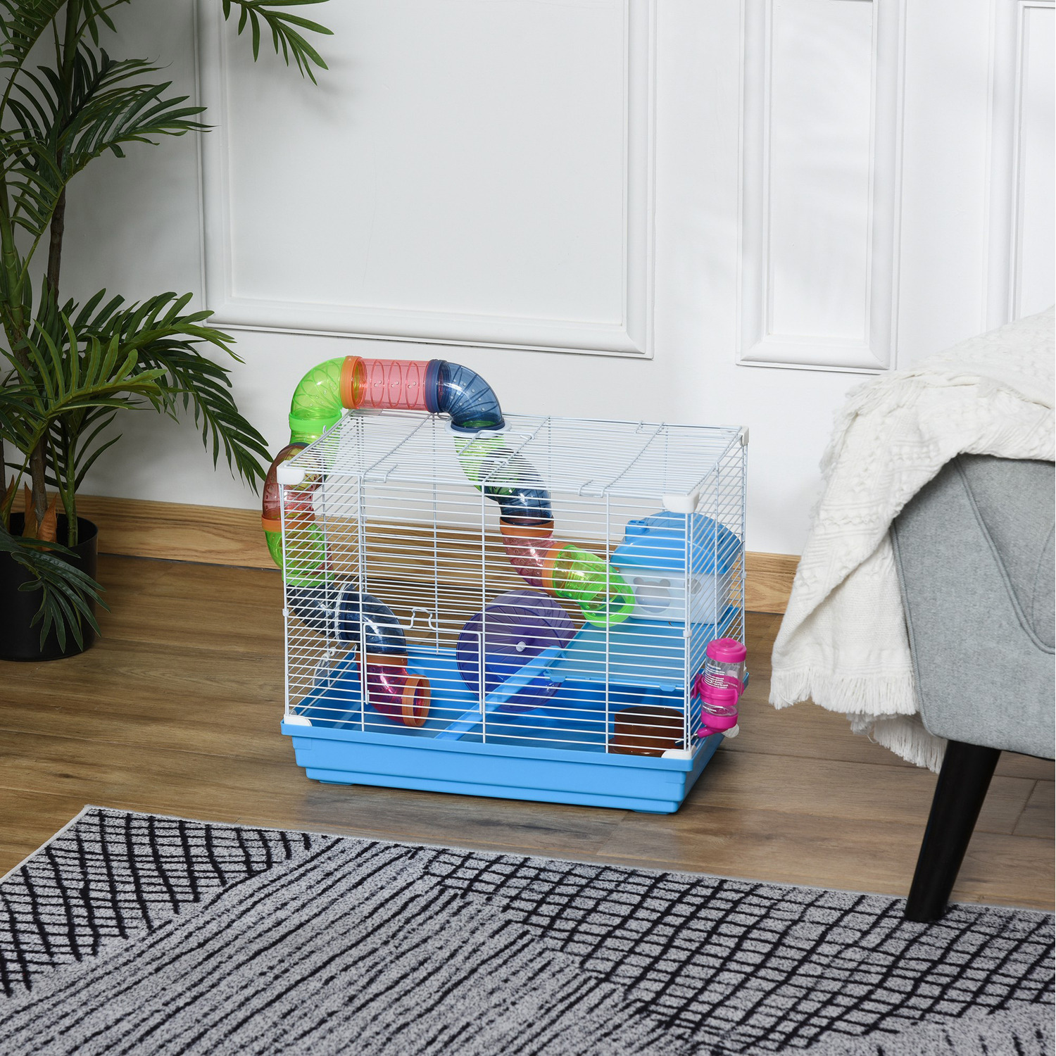 Pawhut Hamster Cage Carrier Small Animal House with Exercise Wheels Tunnel Tube - Blue