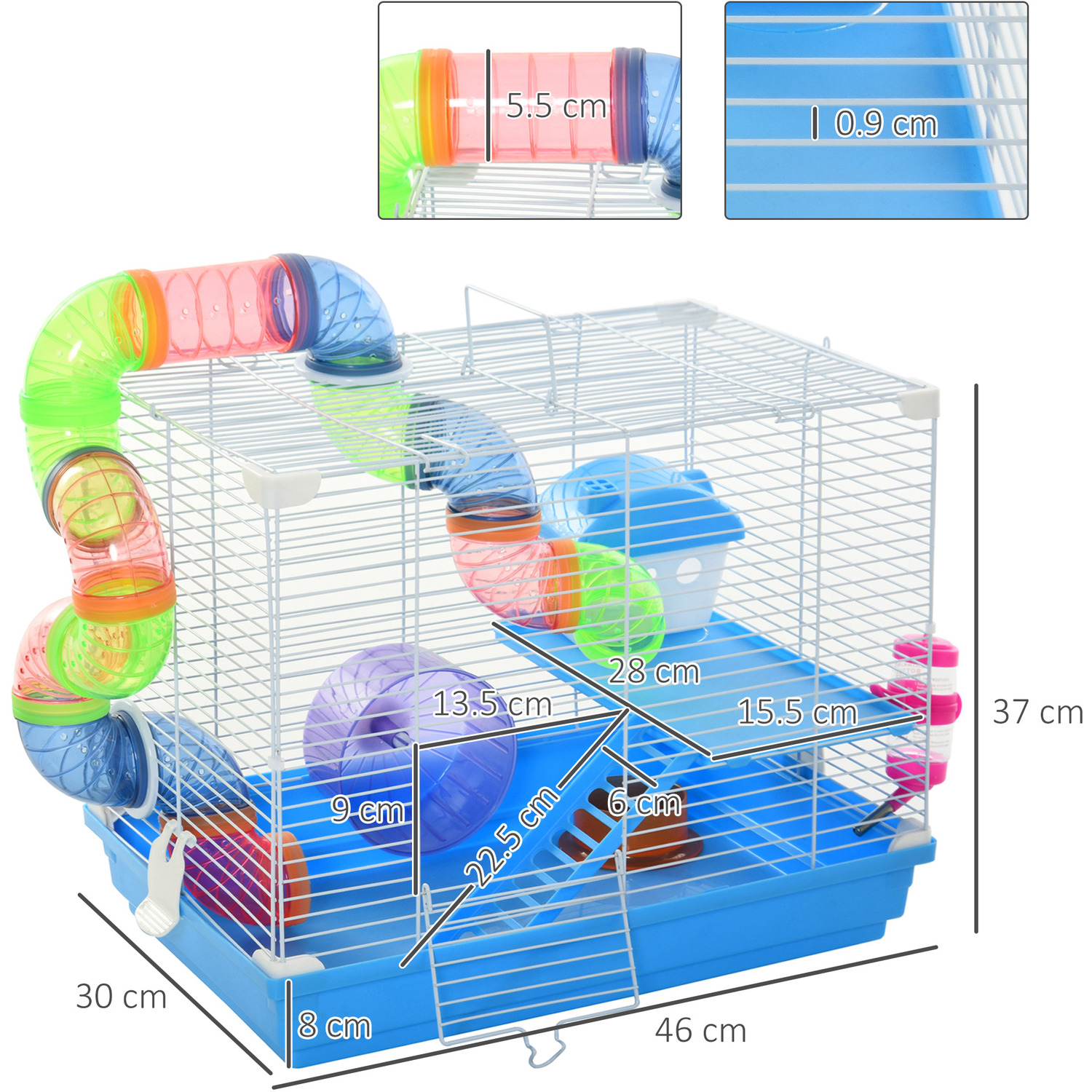 Pawhut Hamster Cage Carrier Small Animal House with Exercise Wheels Tunnel Tube - Blue 4 Pawhut Hamster Cage Carrier Small Animal House with Exercise Wheels Tunnel Tube - Blue