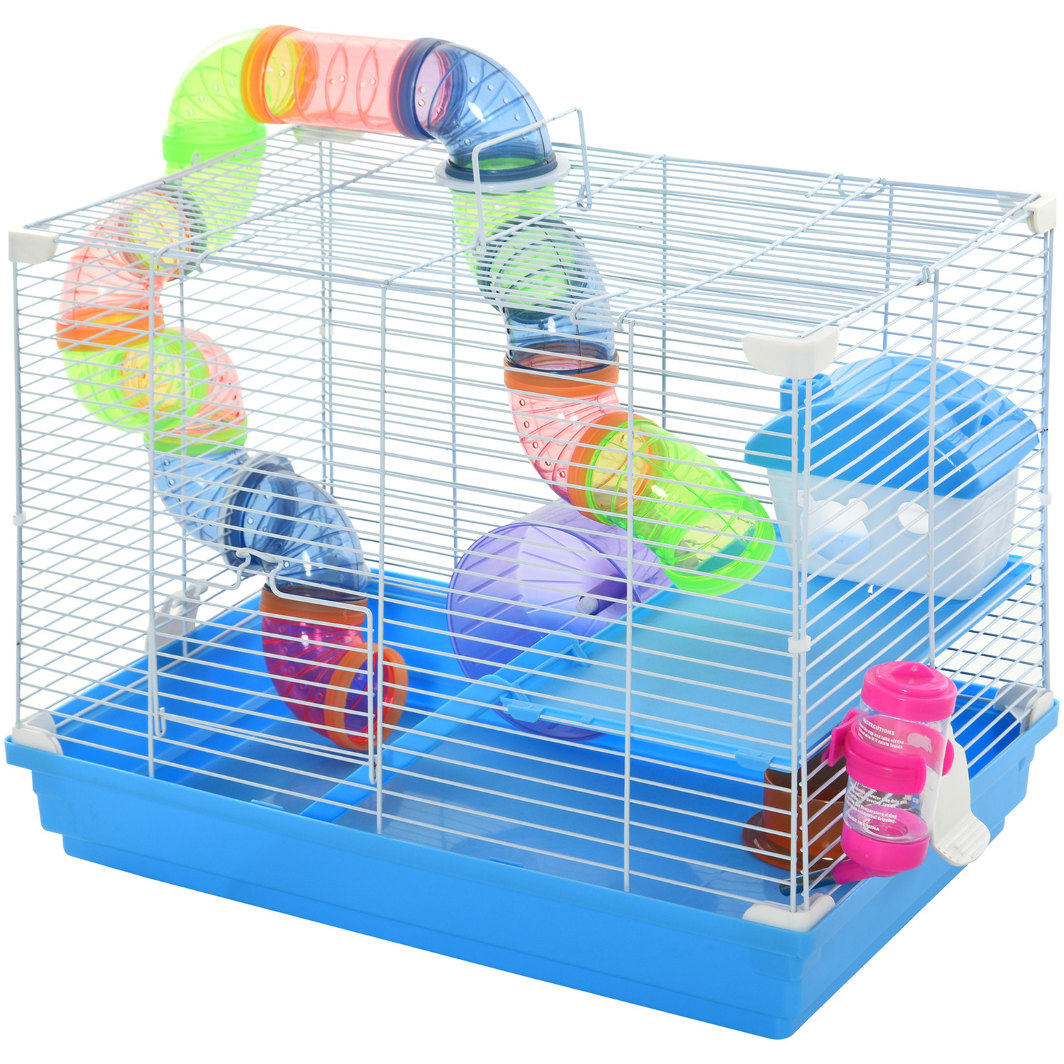 Pawhut Hamster Cage Carrier Small Animal House with Exercise Wheels Tunnel Tube - Blue 5 Pawhut Hamster Cage Carrier Small Animal House with Exercise Wheels Tunnel Tube - Blue