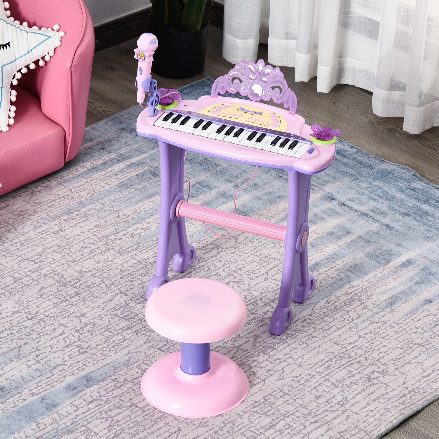 HOMCOM Mini Battery Organ Piano Microphone Stool 32 Key Keyboard Kids Toy - Pink & Purple