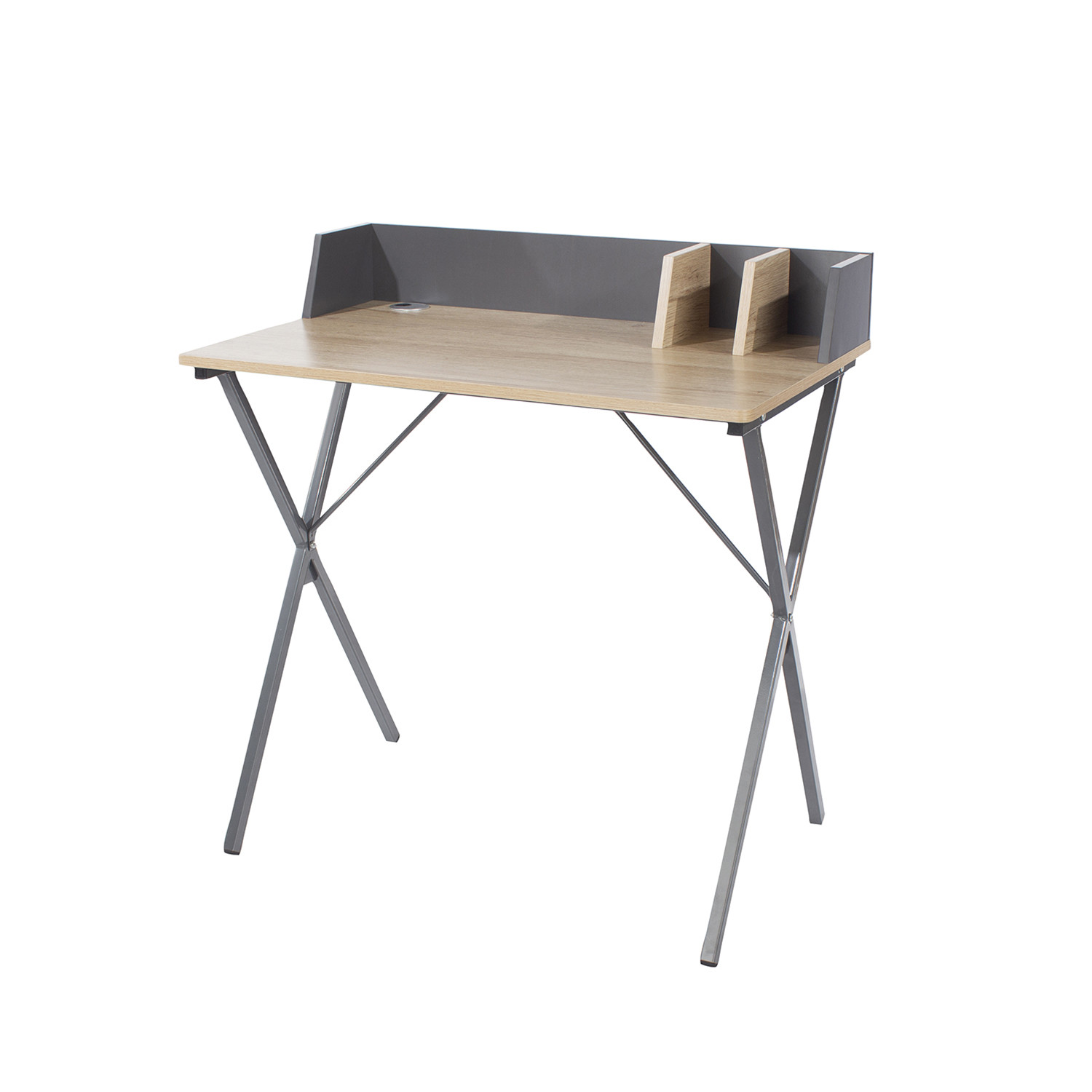 Desk Oak Effect Top With Grey Metal Cross Legs - Brown