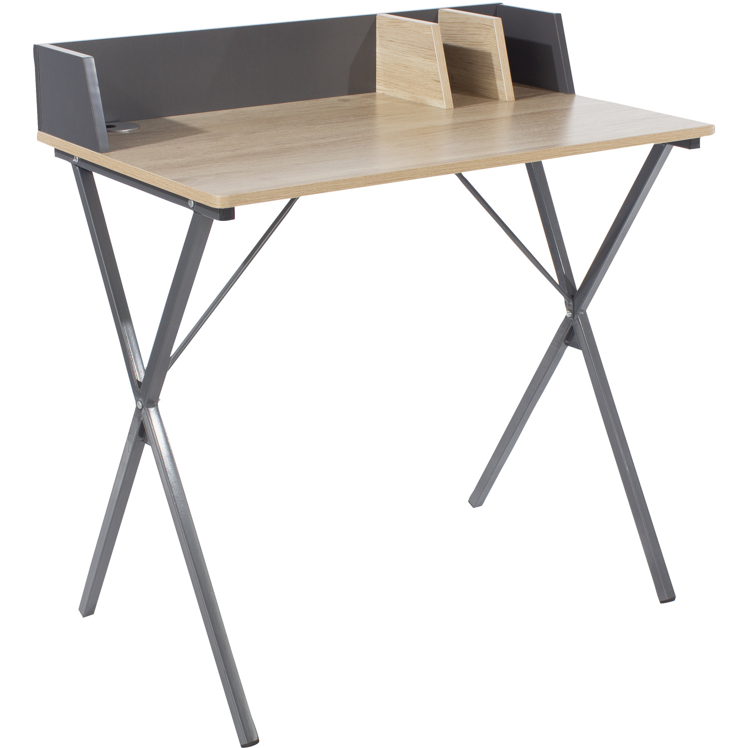 Desk Oak Effect Top With Grey Metal Cross Legs - Brown 3 Desk Oak Effect Top With Grey Metal Cross Legs - Brown