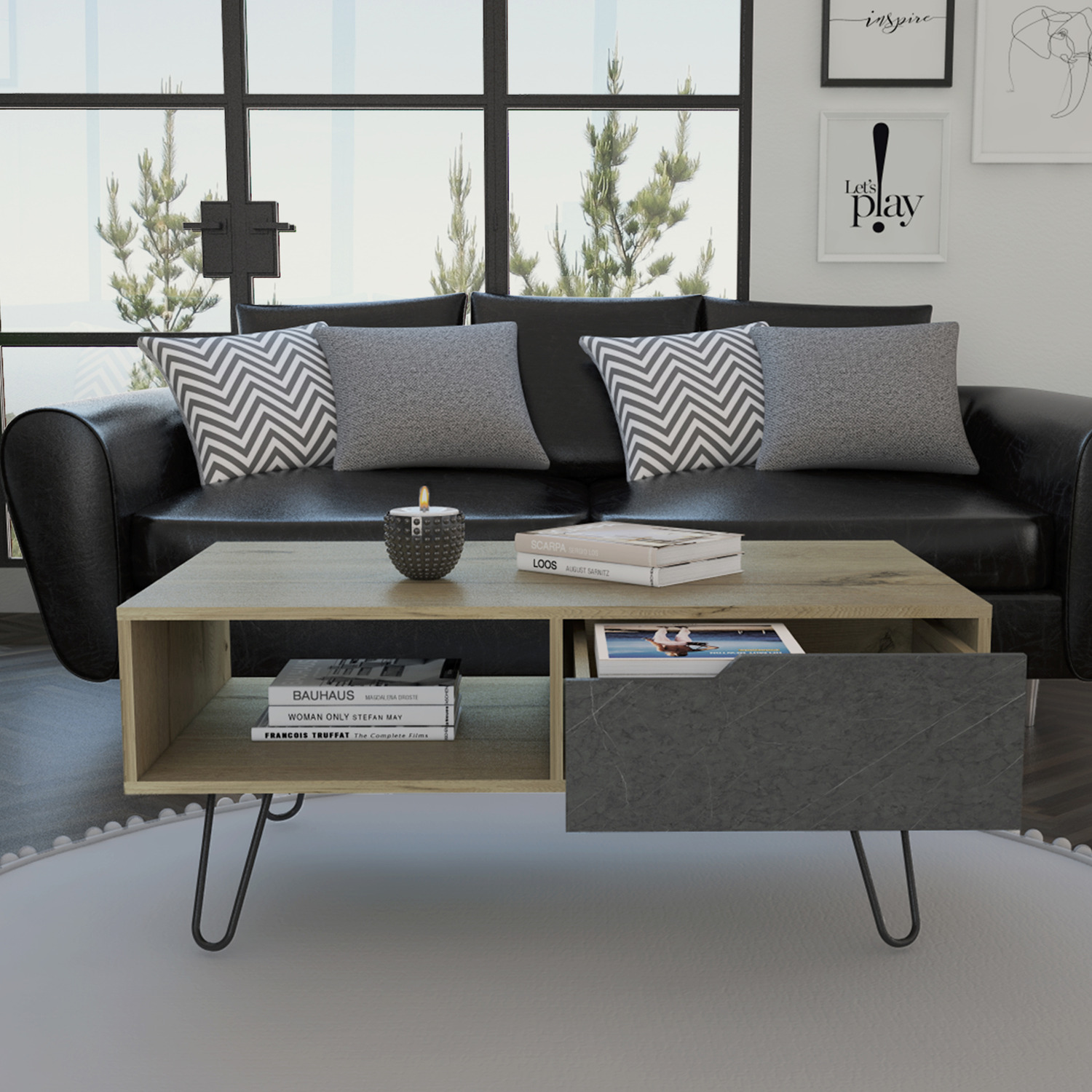 Manhattan Coffee Table - Bleached pine & stone effect