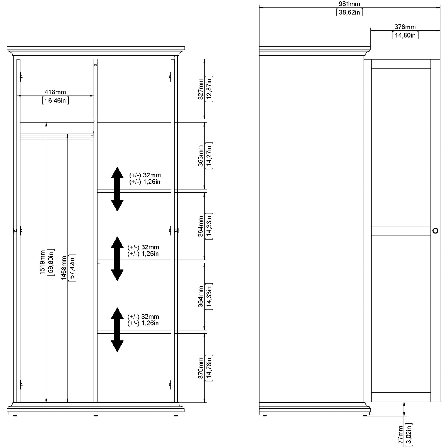 Jonas & James Belleville Wardrobe with Two Doors - Matt Grey 5 Jonas & James Belleville Wardrobe with Two Doors - Matt Grey