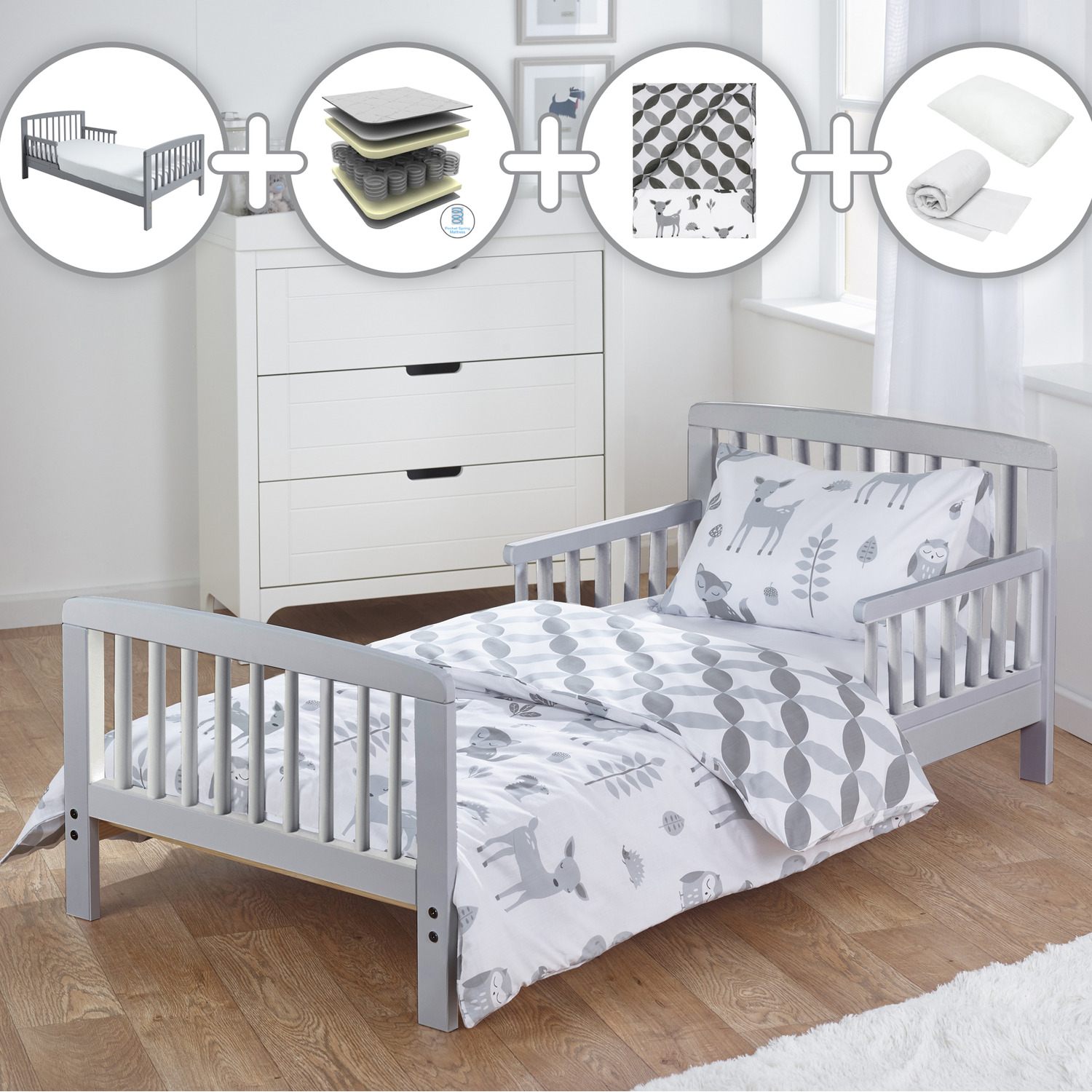 7pcs Woodland Tales Sydney Toddler Bed Grey Bundle with Pocket Sprung Mattress