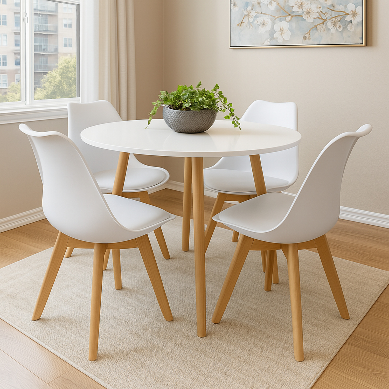 Round White Wood Dining Table with 4 White Chairs Set - White