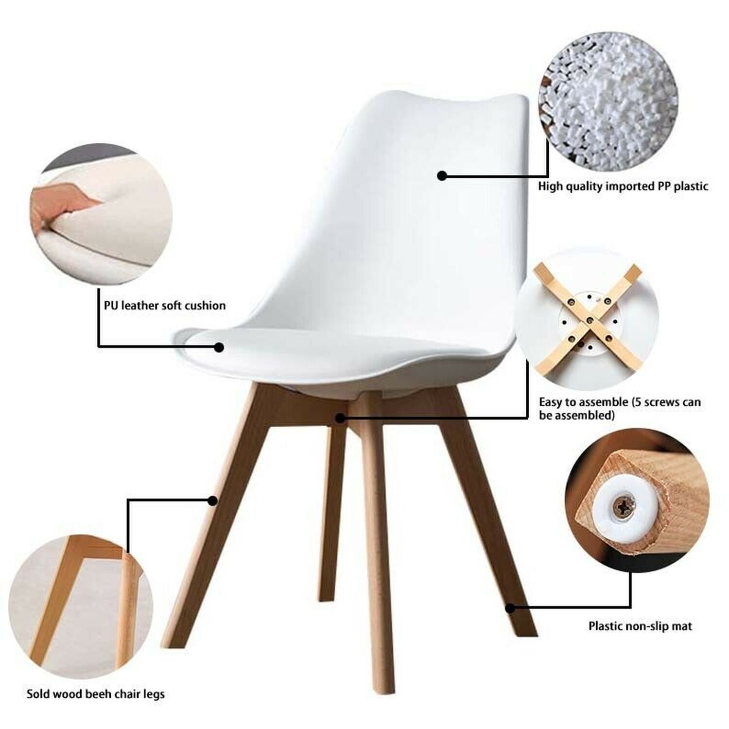 Round White Wood Dining Table with 4 White Chairs Set - White 3 Round White Wood Dining Table with 4 White Chairs Set - White