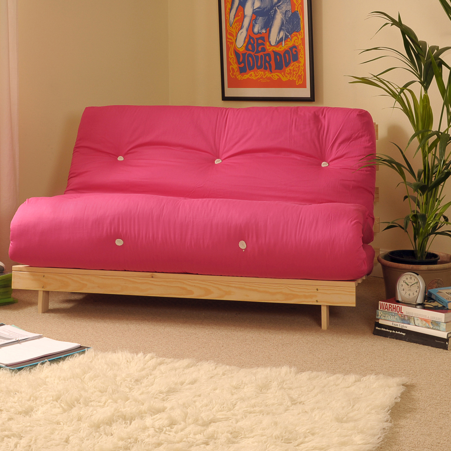 Hot Pink Double 4ft6 Luxury Futon Sofa Bed - Pink