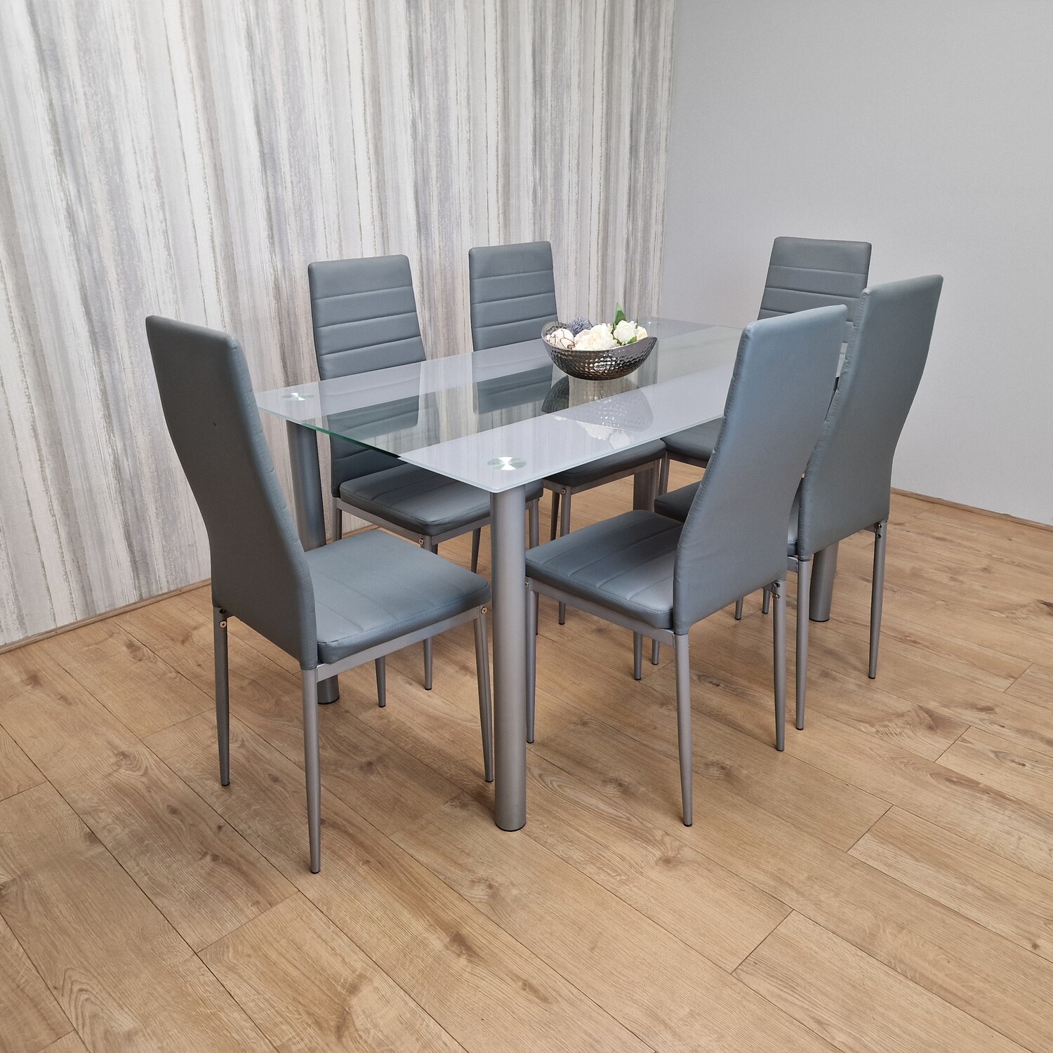 Stunning Glass Grey Dining Table Set and 6 Leather Chairs - Grey