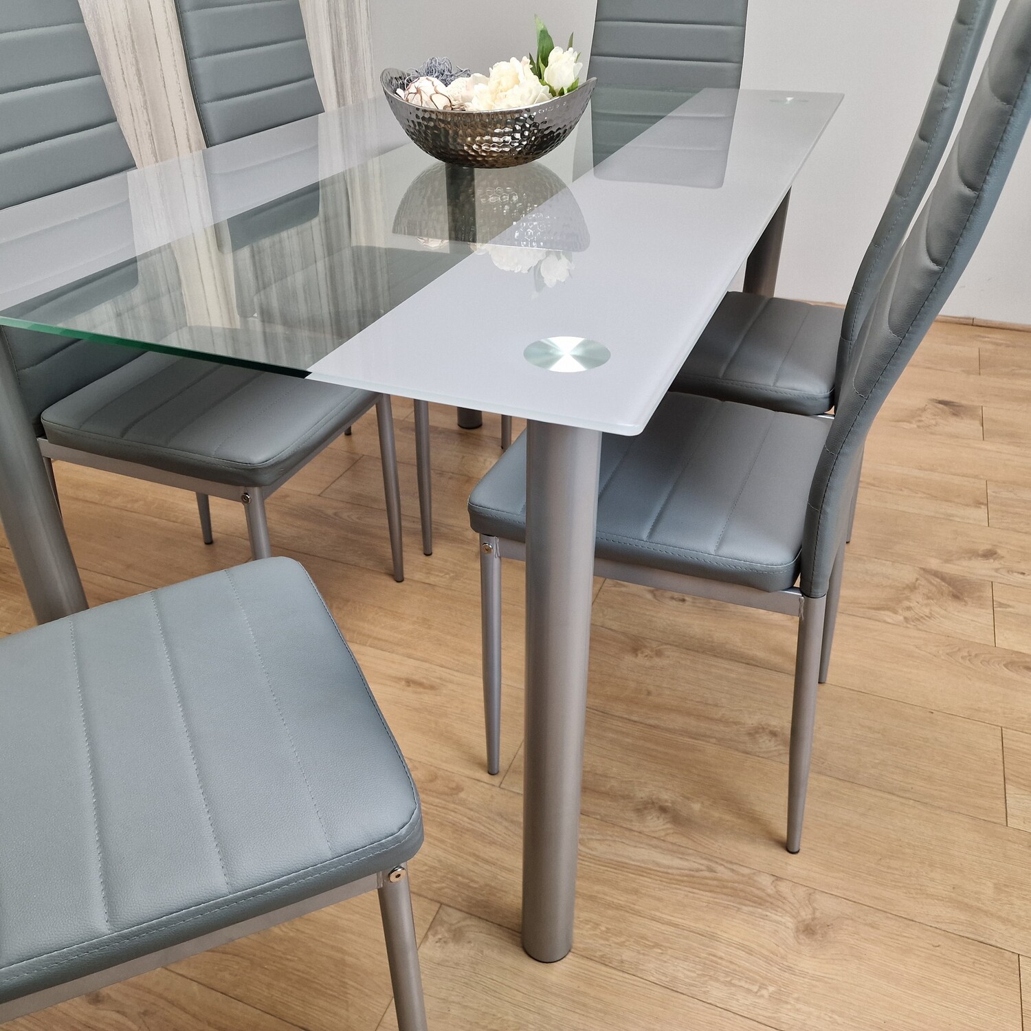 Stunning Glass Grey Dining Table Set and 6 Leather Chairs - Grey