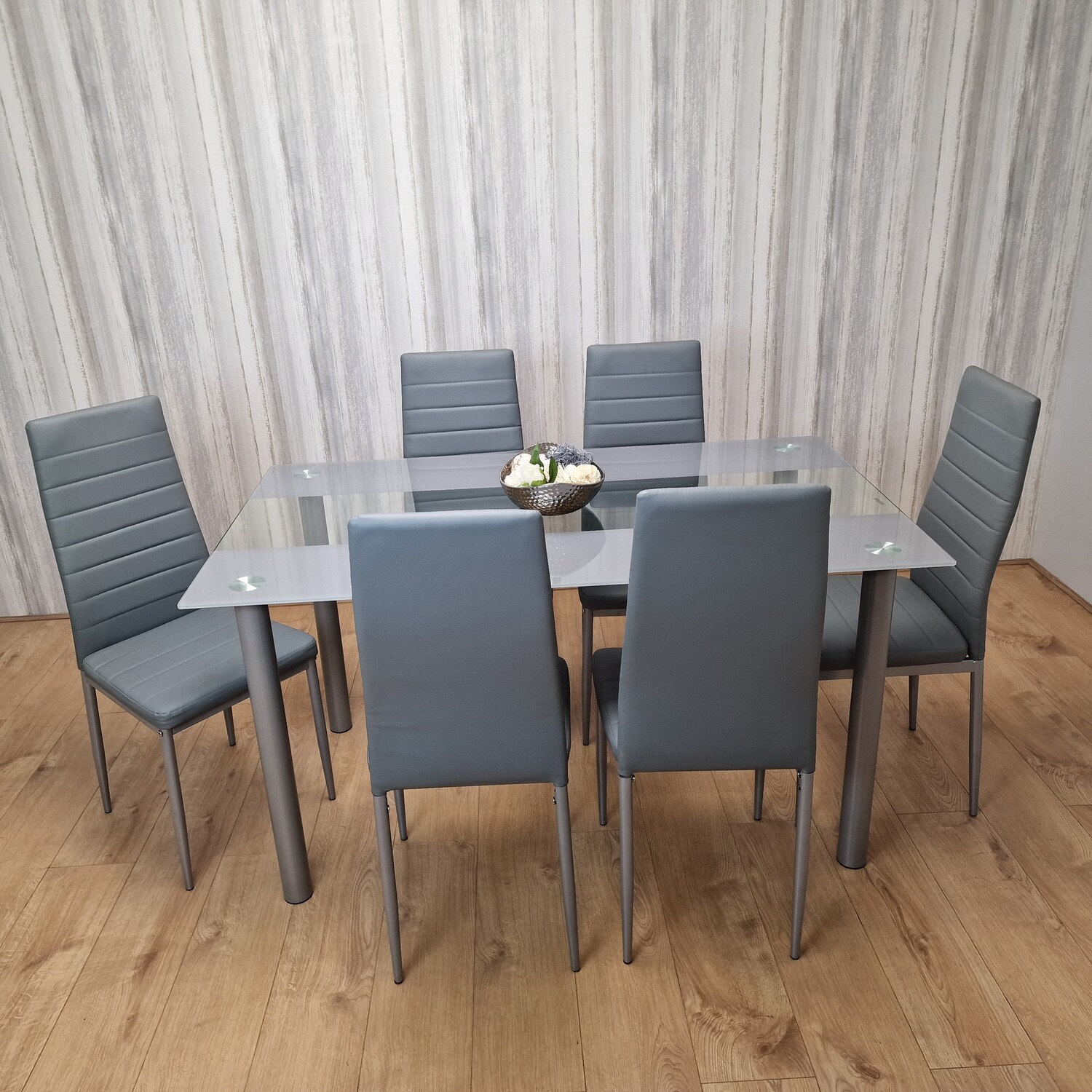 Stunning Glass Grey Dining Table Set and 6 Leather Chairs - Grey 3 Stunning Glass Grey Dining Table Set and 6 Leather Chairs - Grey