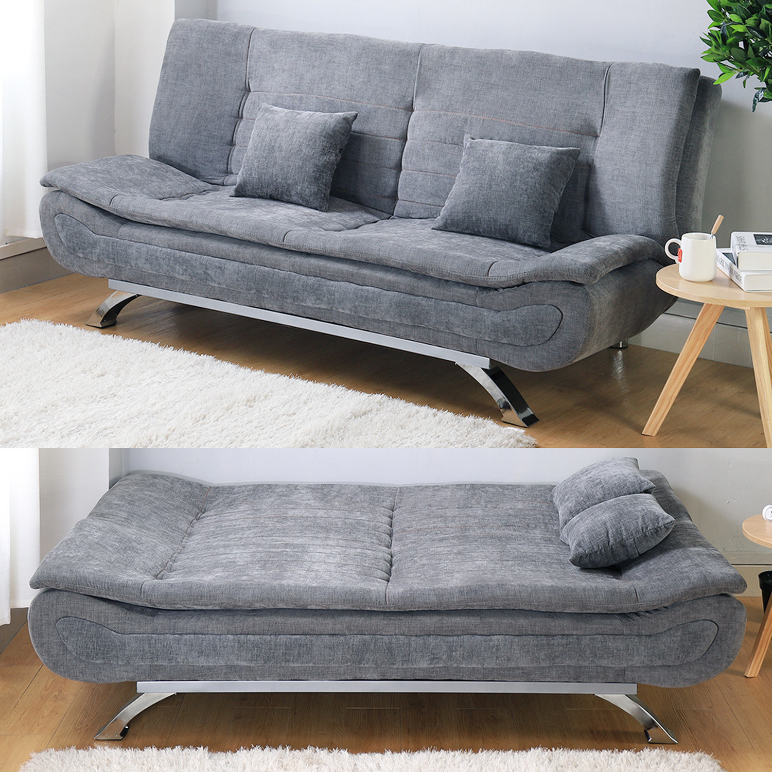 Linen 2-Seater Sofa Bed with Pillows - Grey 4 Linen 2-Seater Sofa Bed with Pillows - Grey