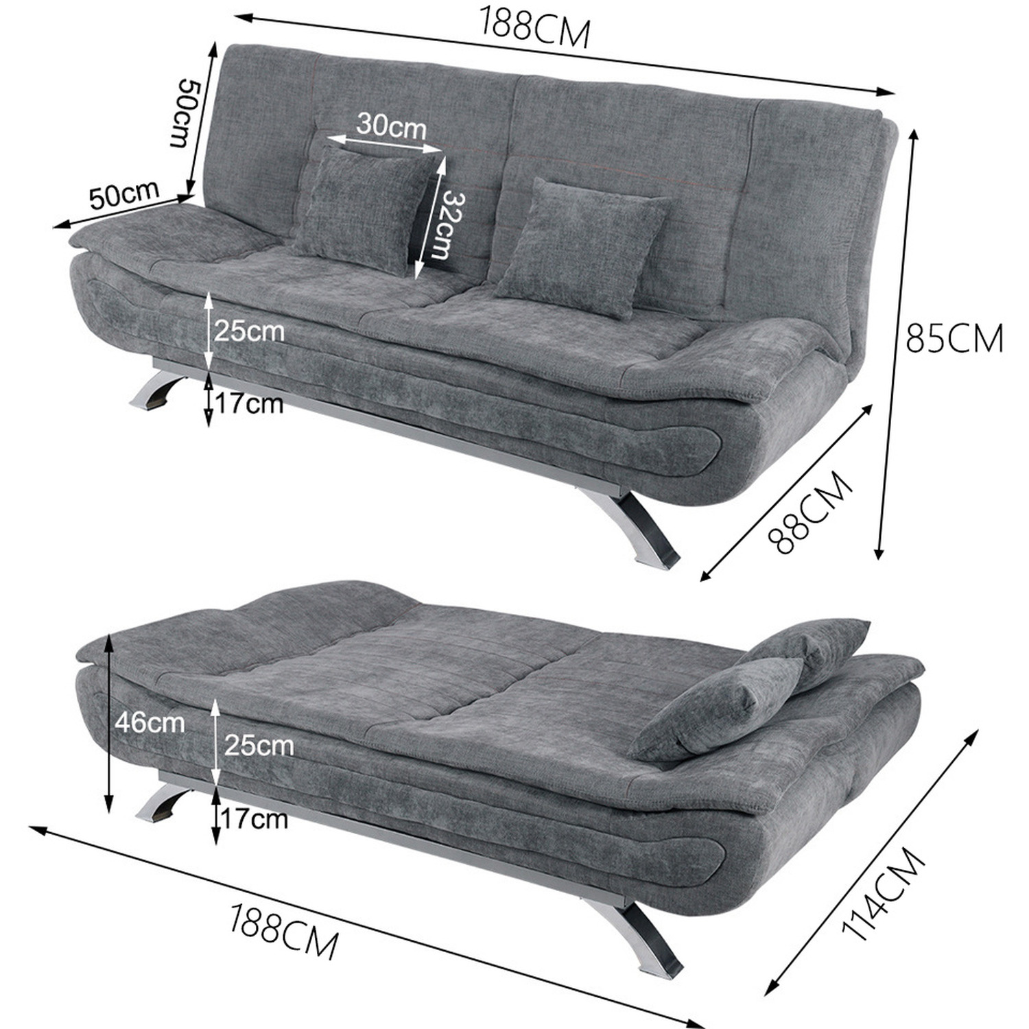 Linen 2-Seater Sofa Bed with Pillows - Grey 5 Linen 2-Seater Sofa Bed with Pillows - Grey