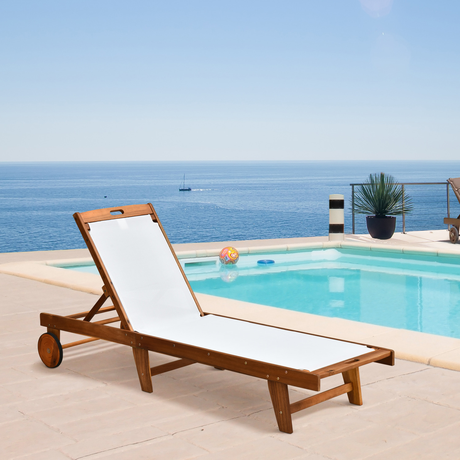 Outsunny Outdoor Texteline Chaise Sun Lounger Acacia Wood - Natural White