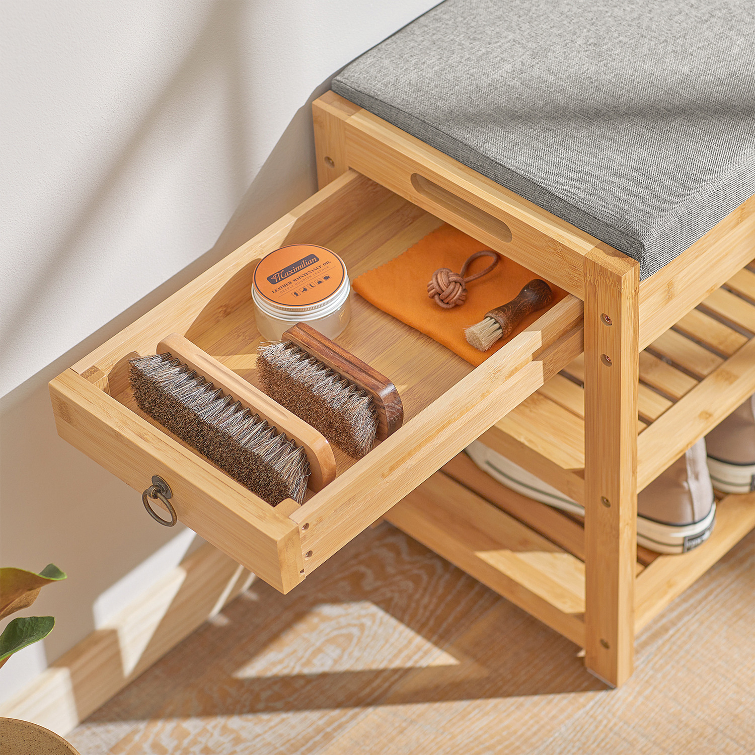 SoBuy 2 Tier Bamboo Shoe Rack Hallway Storage with Seat Cushion - Brown