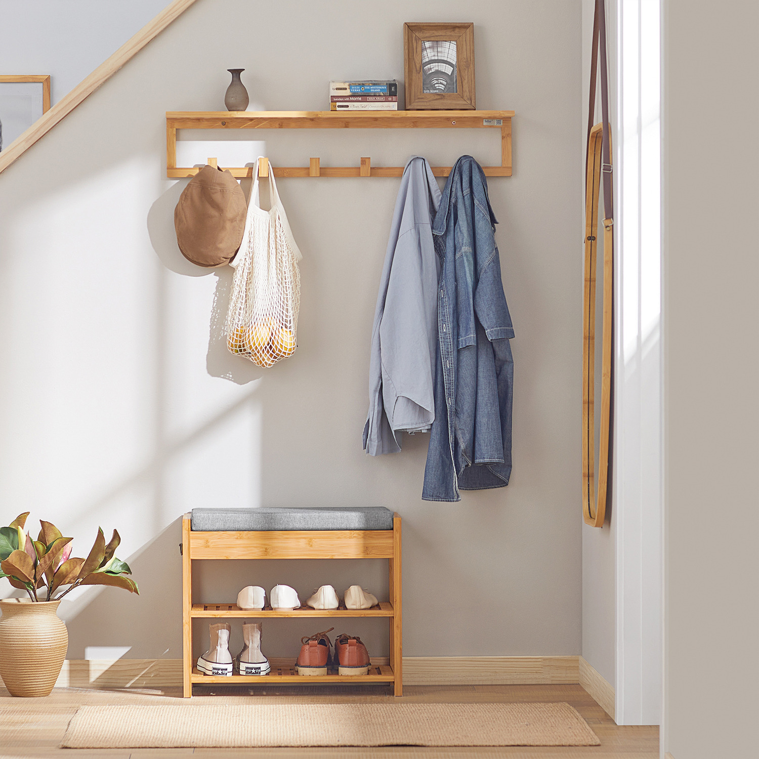 SoBuy 2 Tier Bamboo Shoe Rack Hallway Storage with Seat Cushion - Brown 4 SoBuy 2 Tier Bamboo Shoe Rack Hallway Storage with Seat Cushion - Brown