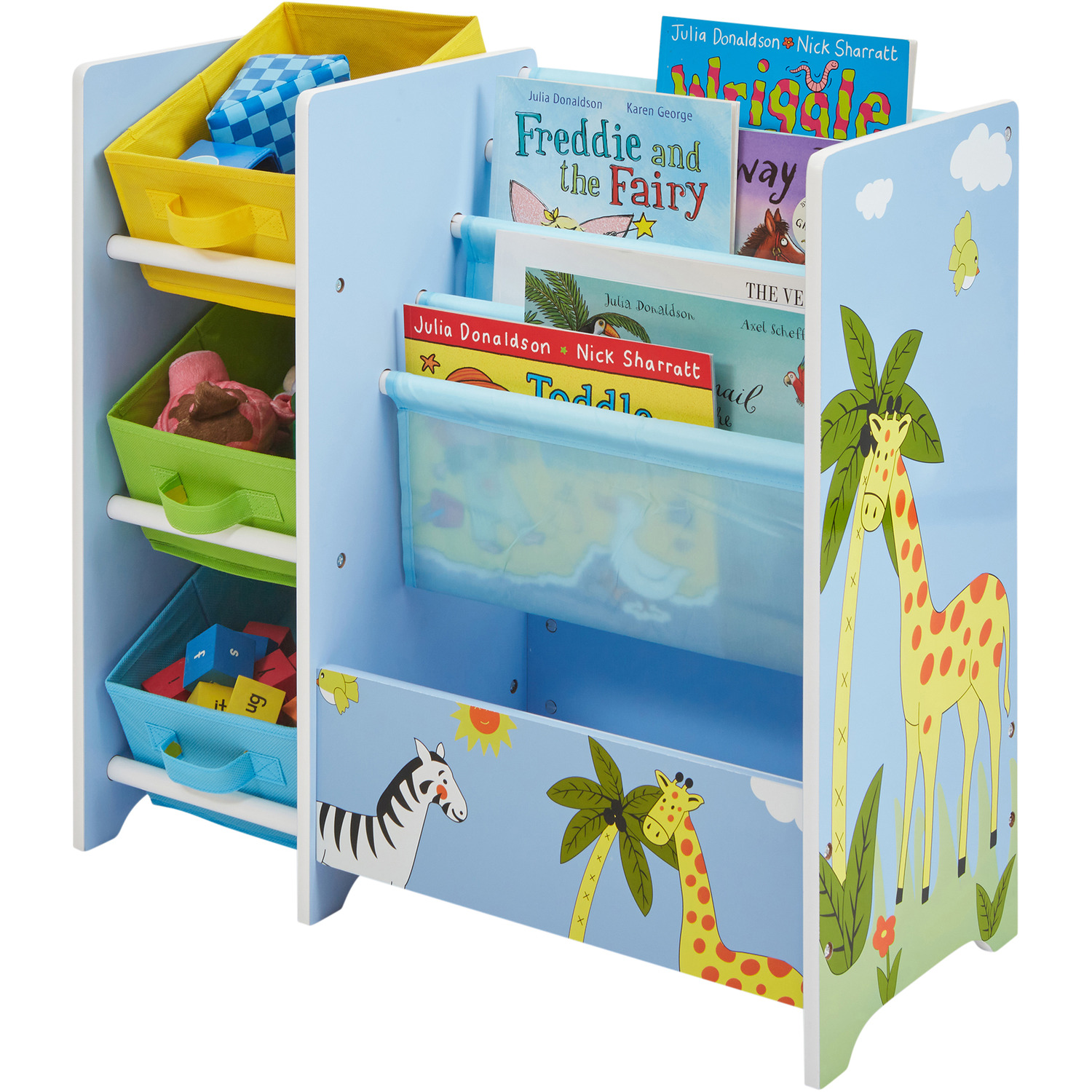 Kids Safari Book Display Unit with 3 Fabric Storage Boxes - Multicoloured