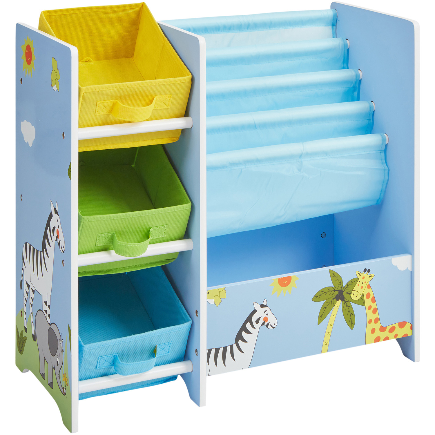Kids Safari Book Display Unit with 3 Fabric Storage Boxes - Multicoloured 3 Kids Safari Book Display Unit with 3 Fabric Storage Boxes - Multicoloured