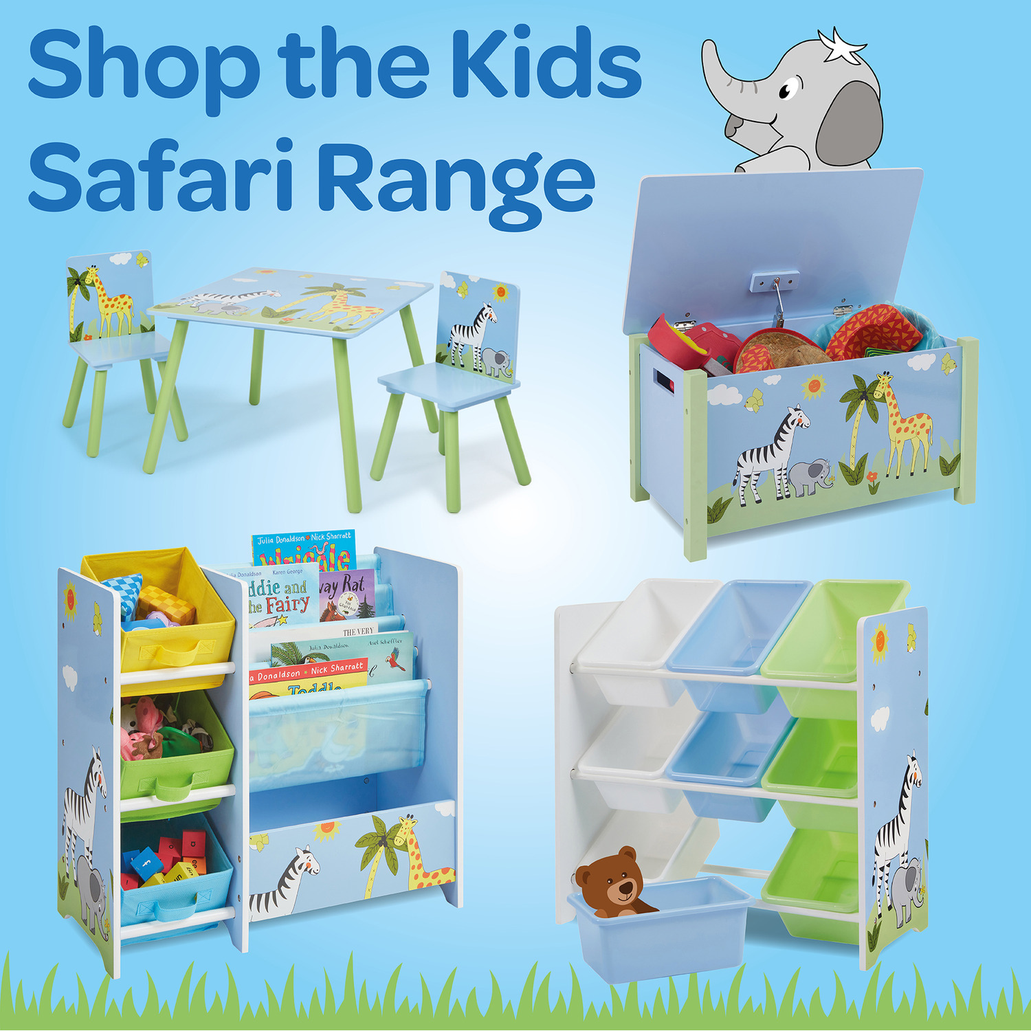 Kids Safari Book Display Unit with 3 Fabric Storage Boxes - Multicoloured 4 Kids Safari Book Display Unit with 3 Fabric Storage Boxes - Multicoloured