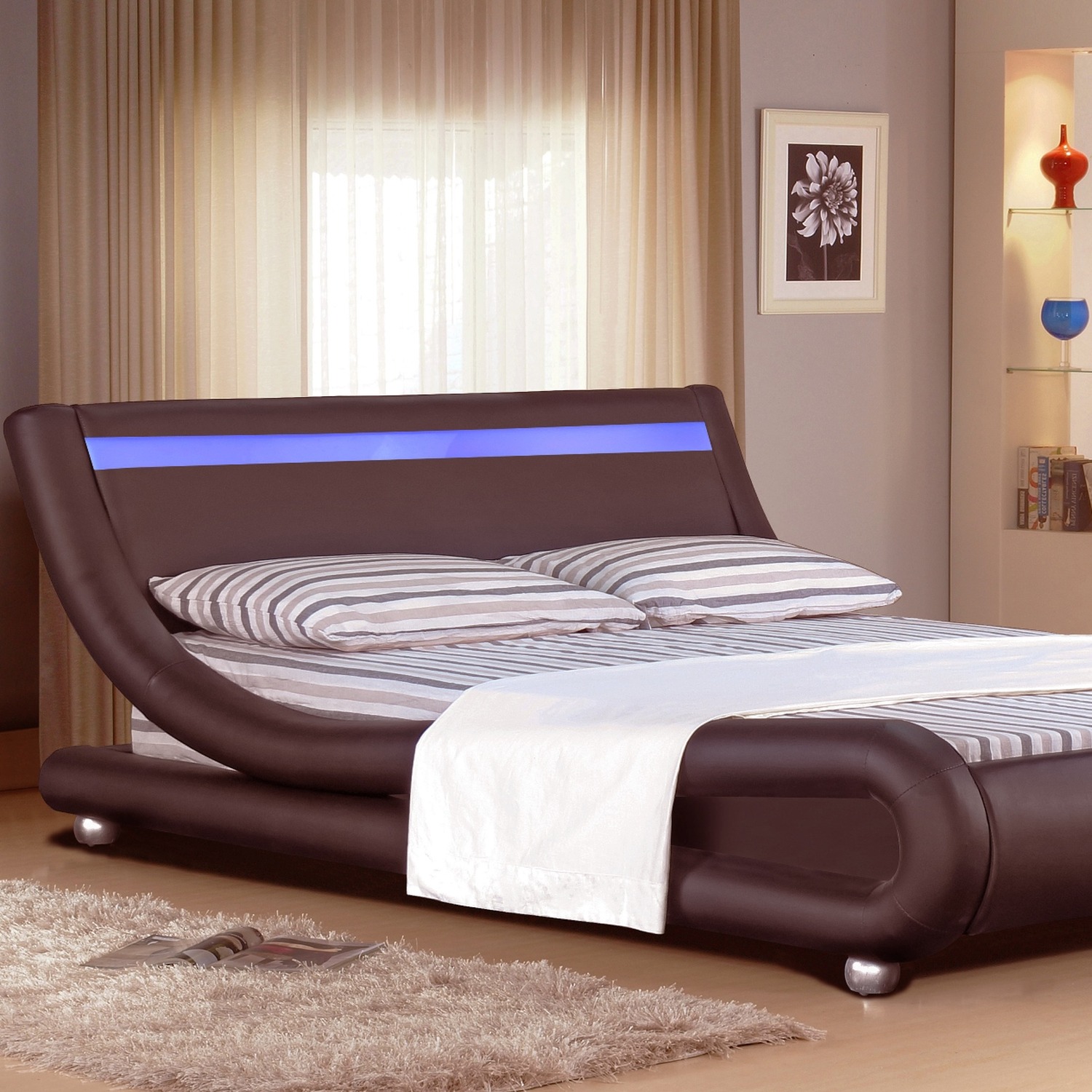 Italian Designer Faux Leather LED Bed Frame In Chocolate