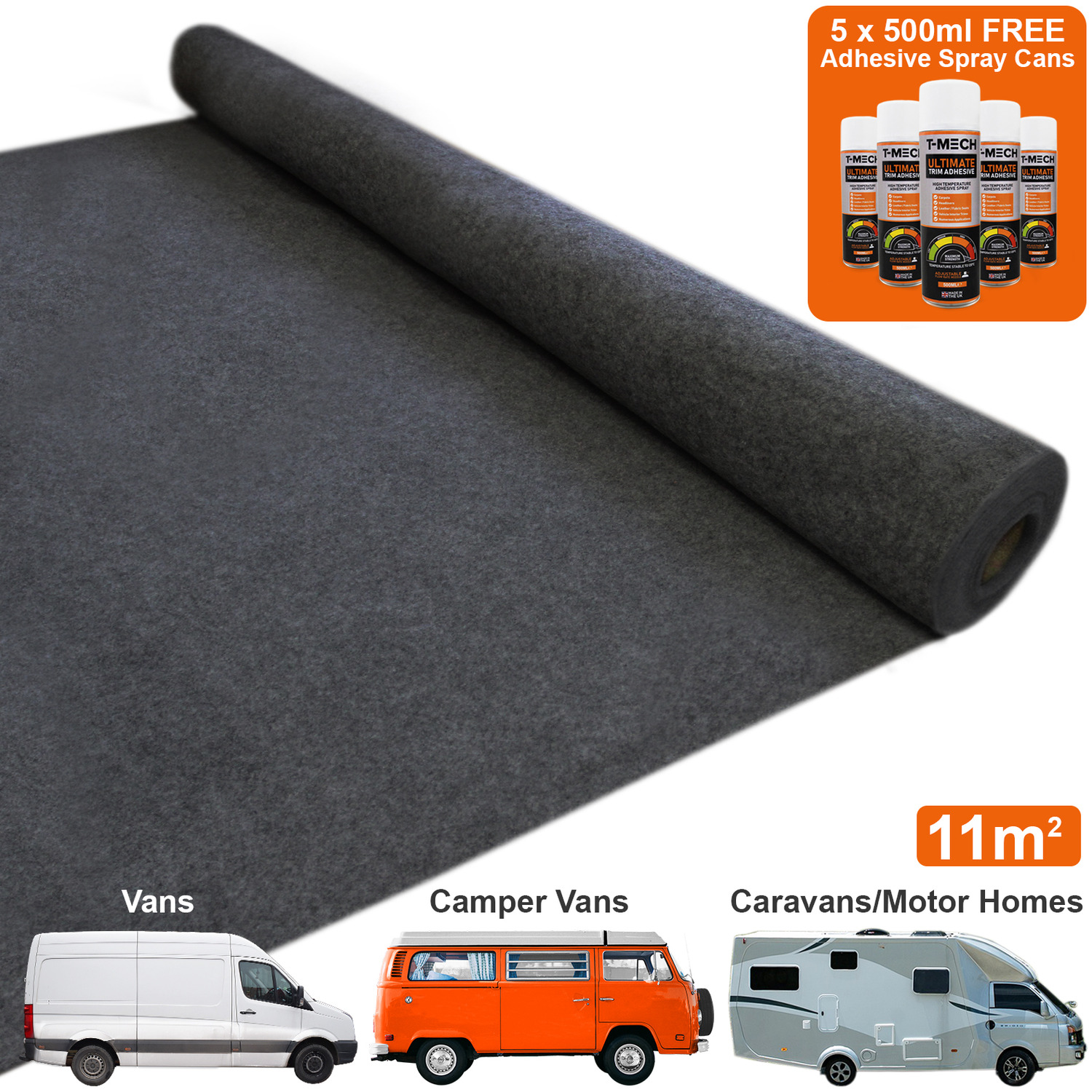 Van Carpet Lining Anthracite Dark Grey and 5 Adhesive Cans - Black
