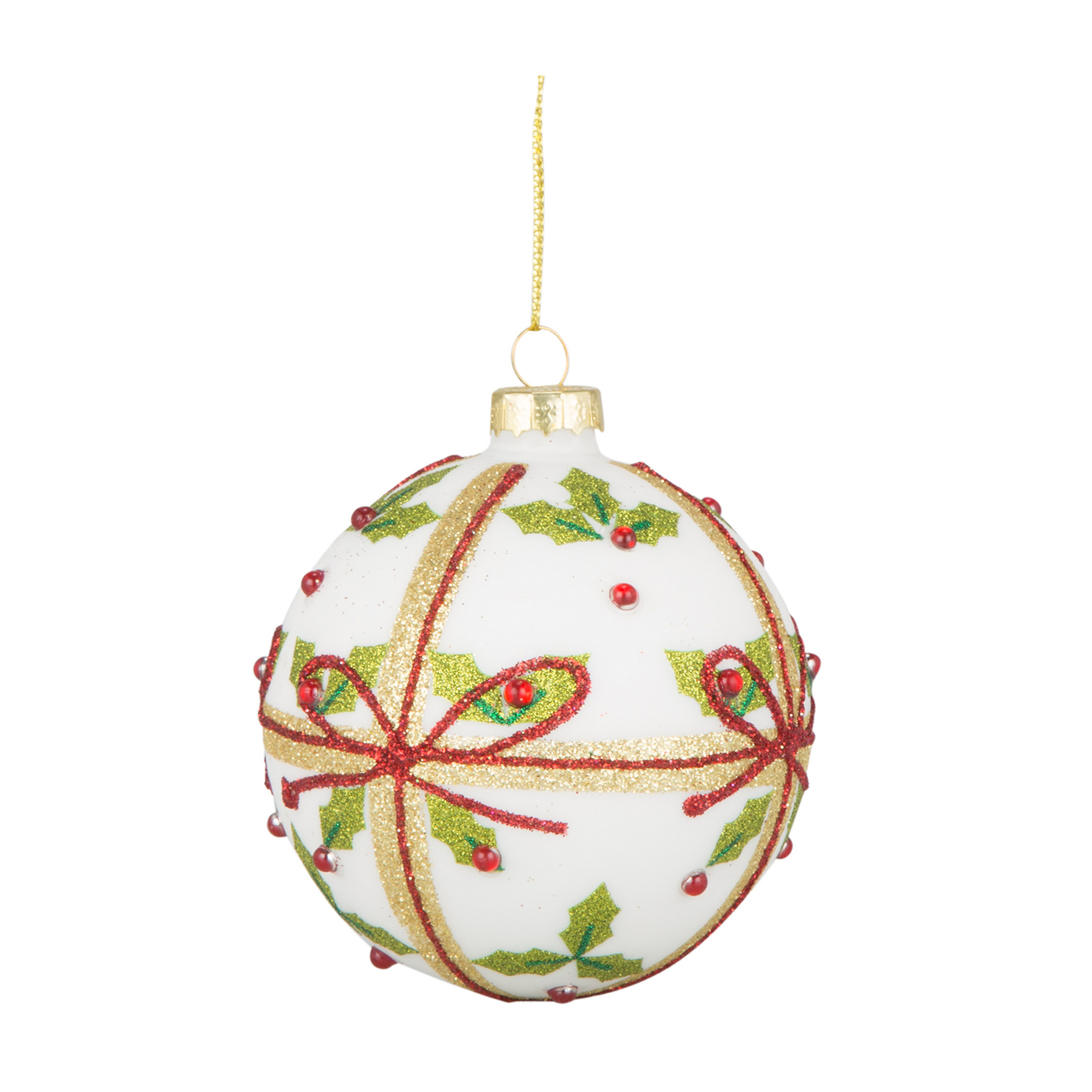 Holly Bow Glass Bauble - White