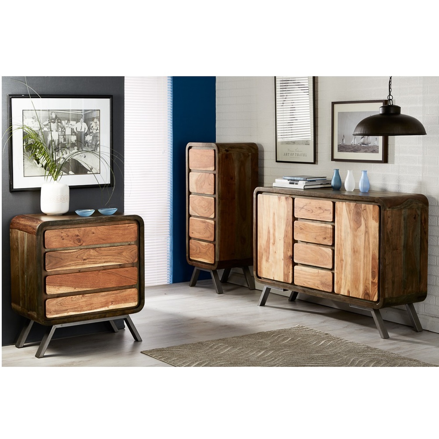 Retro Reclaimed Wood Tallboy Chest of 5 Drawers - Two-Tone